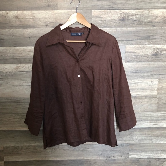 Coastal Cottagecore Chocolate Brown Linen Shirt Large - Picture 6 of 9